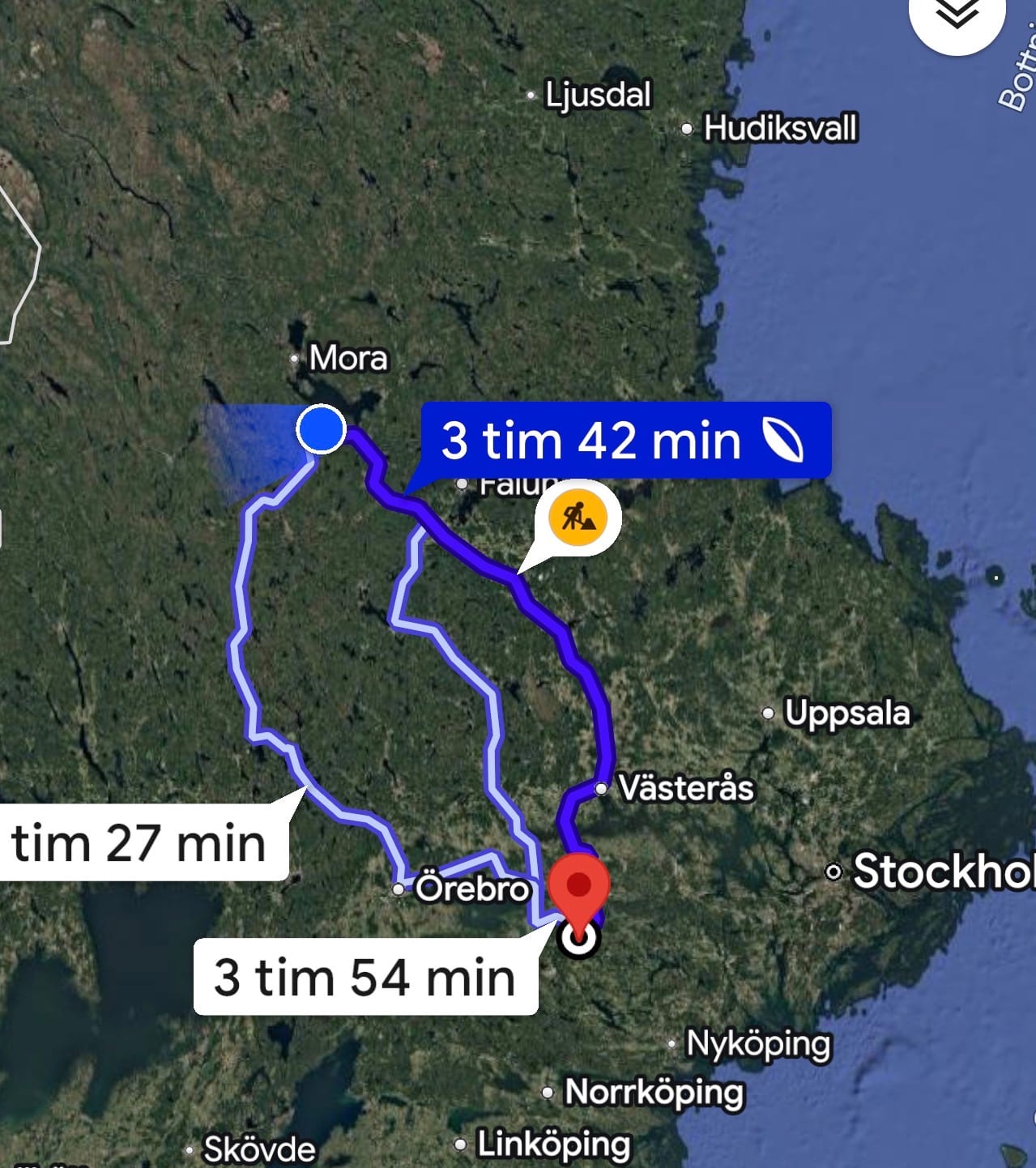 Google Maps rutten från Sörmland till Dalarna