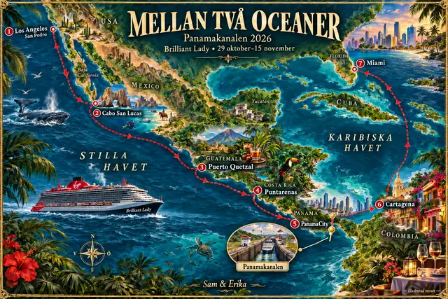 Illustrerad karta över rutten från Los Angeles genom Panamakanalen till Miami